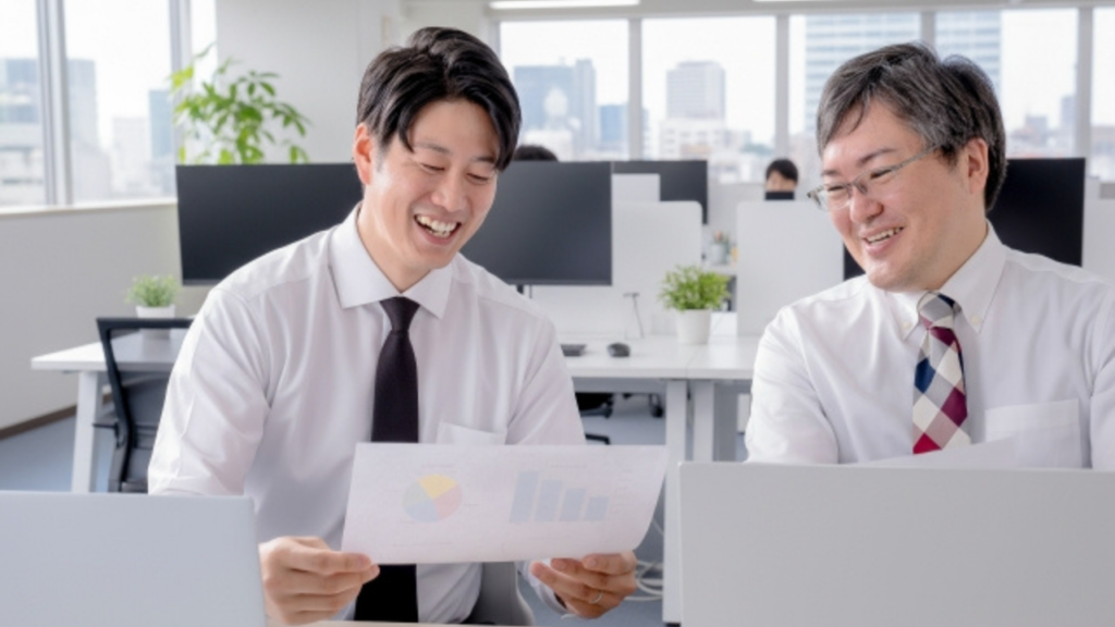 資料を見る男性会社員2人