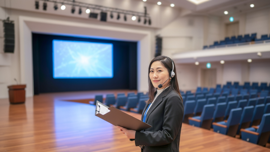 会場で資料を開きマイクをつける女性